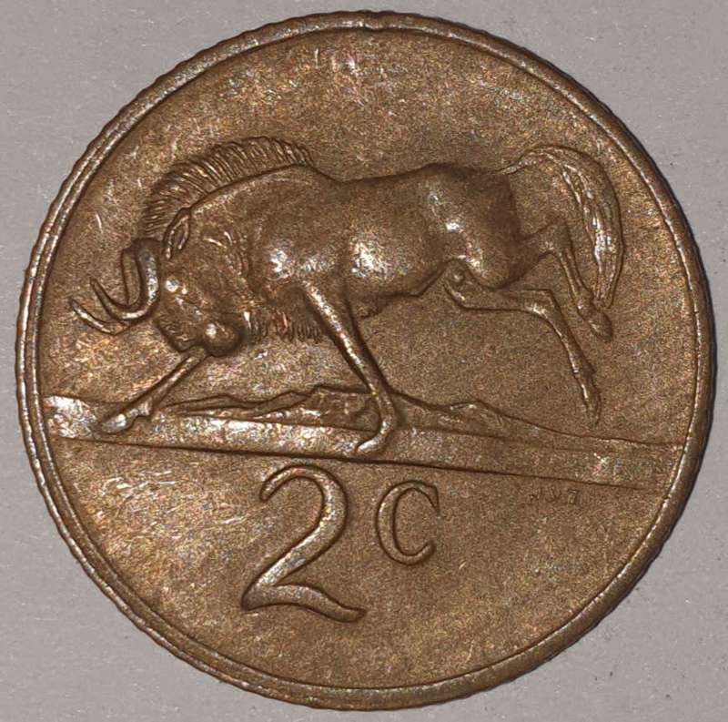 1977 - 2 CENT COIN (TWO CENT COIN) - RSA - BRONZE - KM#83 - BILINGUAL LEGEND - WILDEBEEST